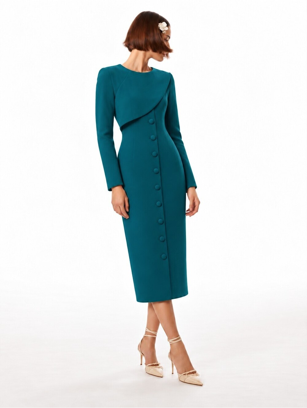 Badgley Mischka Dark Teal Long Sleeve Button Front Midi Dress Sz 4 Modest NWT